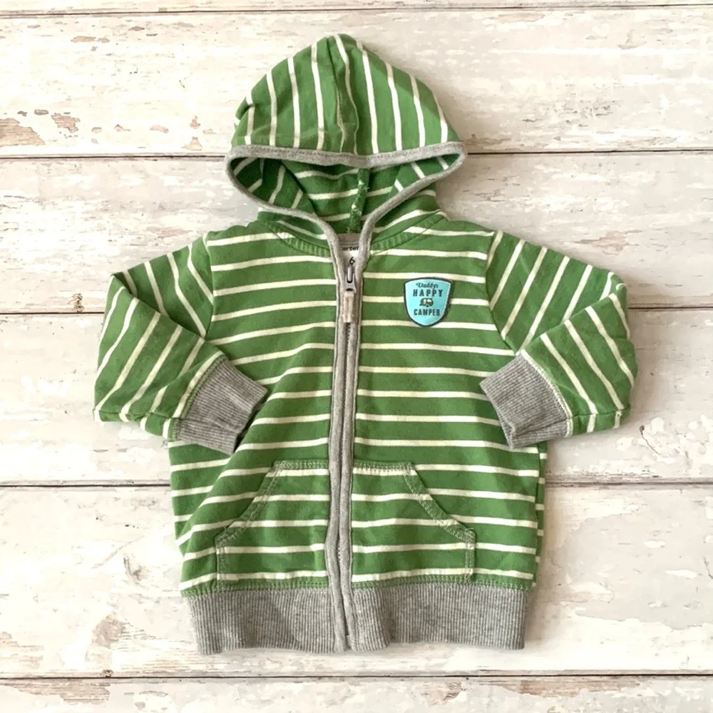 Carters 6m Zip Up Hoodie Jacket Baby Boy Green Gray Stripes Sweatshirt Jacket